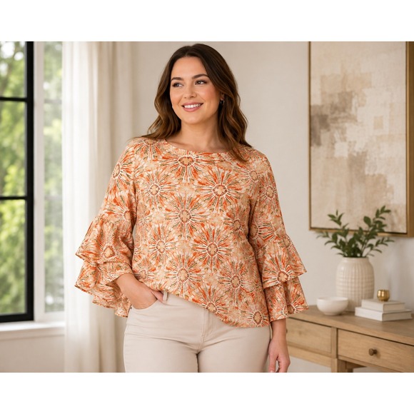 Kasper Tops - Kasper Womens Printed Boat Neck Ruffle Sleeve Blouse Orange Multi XS NEW